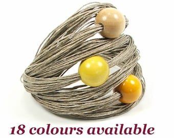 BALLS, linen bracelet, raw linen, stainless, eco jewelry, wood, wooden beads, bracelet with beads, eco style jewelry, gift for woman, Jagna