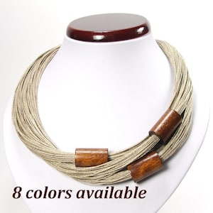 Colorful wooden linen jewelry for women, wooden beaded necklace, wooden tubes, linen simple necklace, birthday gift, anniversary gift