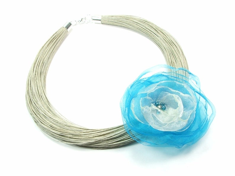 Flower necklace natural linen thread Linen necklaces Blue natural Linen Bib Necklace eco jewelry art unique gift natural linen