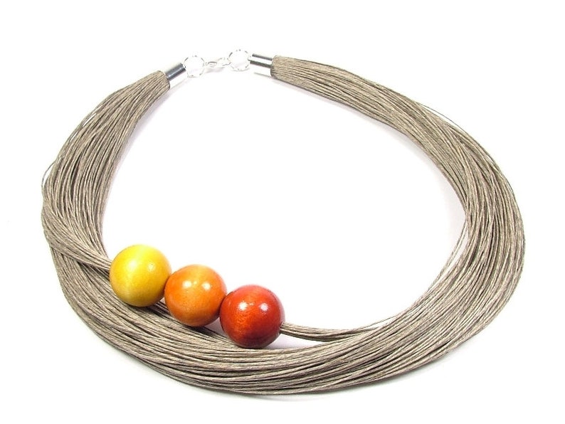 TULIPS, author jewelry, linen necklace, necklace with beads, gift for her, linen bracelet, wooden jewelry, eco jewelry,natural jewelry,Jagna image 2