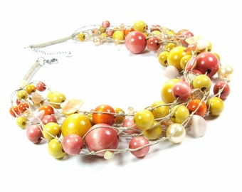 Yellow pink beaded layered necklace, bib necklace, wooden beads nacre glass pearls, organic linen necklace, stainless steel, big little gift