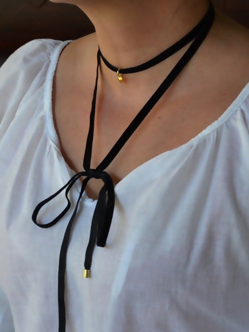 Black Ribbon choker necklace, long necklace, dainty choker necklace ...