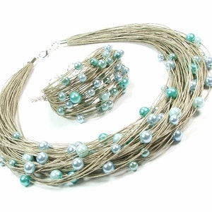 Blue mint glass pearls, linen simple bracelet, linen dainty necklace, natural linen jewelry set, natural jewelry, pearl linen jewelry imagen 2