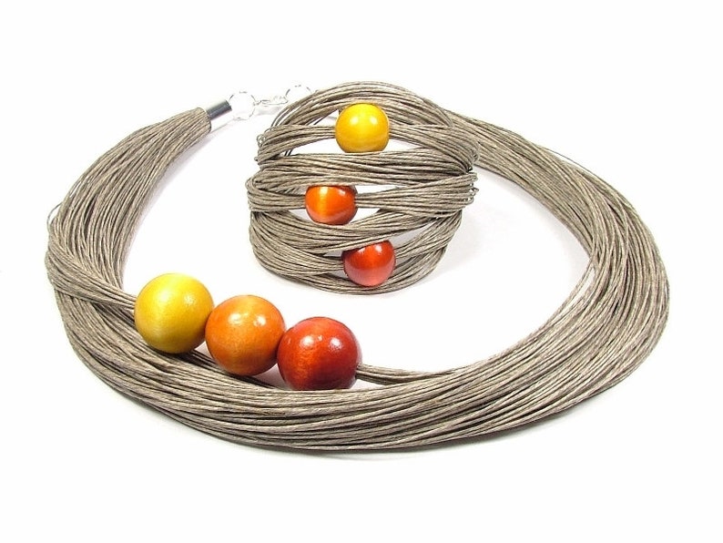 TULIPS, author jewelry, linen necklace, necklace with beads, gift for her, linen bracelet, wooden jewelry, eco jewelry,natural jewelry,Jagna image 1