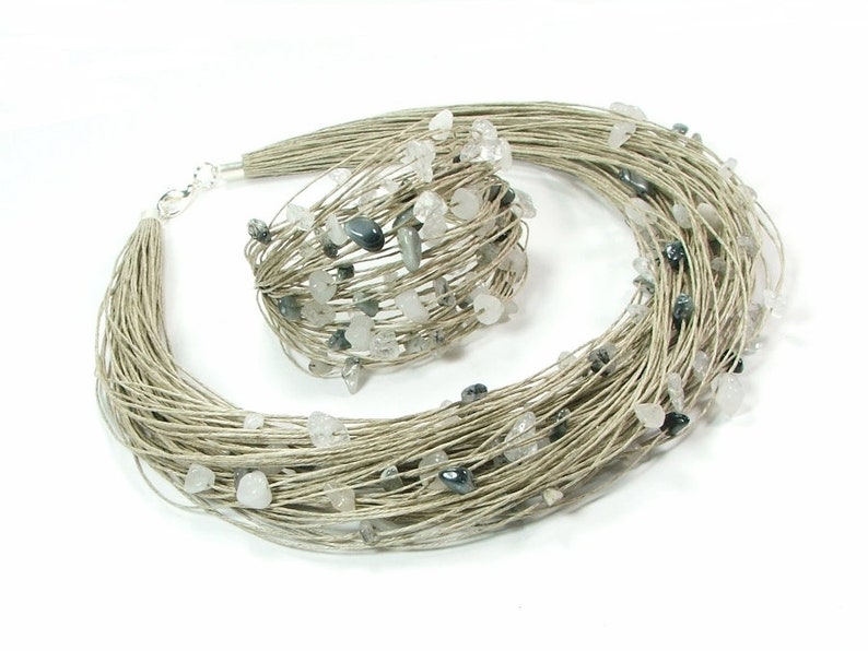 stainless steel jewelry Grey natural linen stone jewelry quartz crystal necklace eco friendly gifts eco friendly jewelry raw jewelry