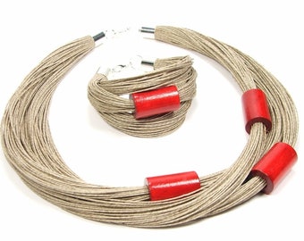 Nature jewelry for women, linen thread necklace, linen bracelet, red wooden tubes, linen cord jewelry set, 50th gift for women