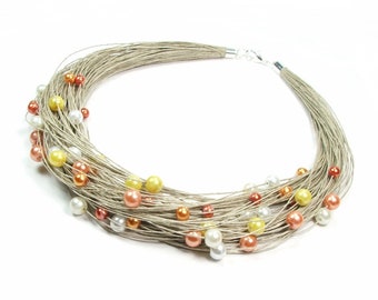Layered beaded multi strand pearl necklace with stainless steel, white yellow orange pearls with natural linen threads, gift for her