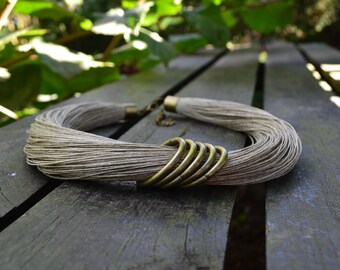 Natural linen necklace with steel wheels, steel finish of old gold color, vintage christmas jewelry, celestial jewelry gift for her