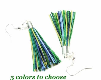 With green linen thread boho earrings, long tassel earrings with stainless steel, minimalist earrings to gift for women, choose your color