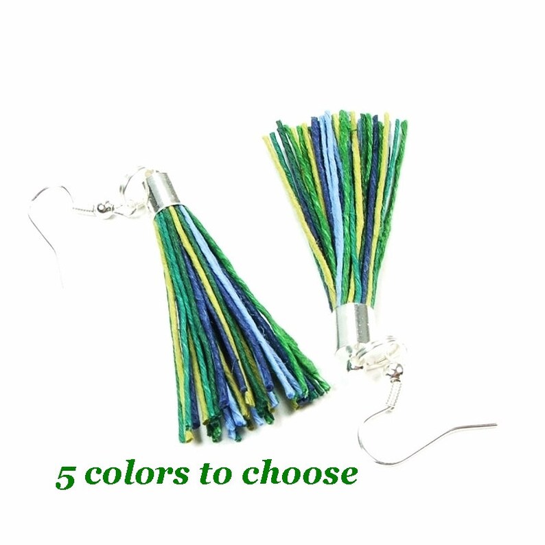 With green linen thread boho earrings, long tassel earrings with stainless steel, minimalist earrings to gift for women, choose your color image 1
