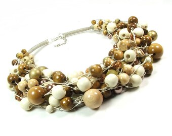 Natural linen cord necklace, beige and creme glass and wooden pearls necklace, big chunky multistrand necklace, unique gift for mother