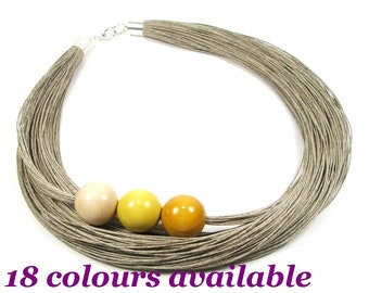 BALLS, linen necklace, raw, eco style jewelry, gift for women, eco jewelry, wooden beads, wood, necklace with beads, surgical steel, Jagna