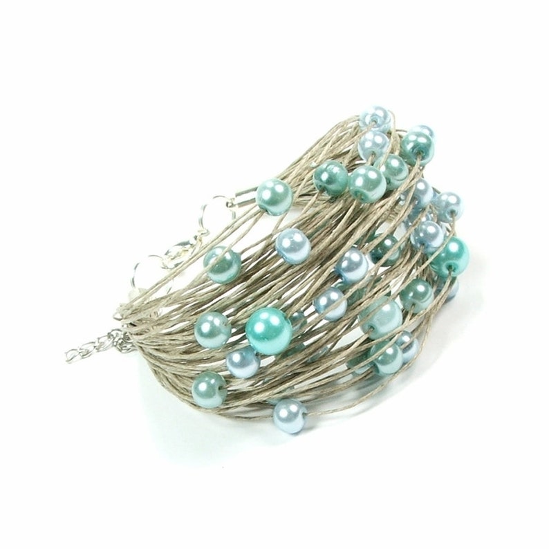 Blue mint glass pearls, linen simple bracelet, linen dainty necklace, natural linen jewelry set, natural jewelry, pearl linen jewelry imagen 1