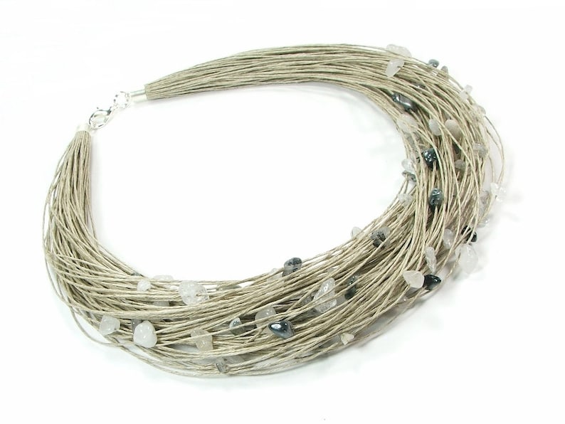 stainless steel jewelry Grey natural linen stone jewelry quartz crystal necklace eco friendly gifts eco friendly jewelry raw jewelry