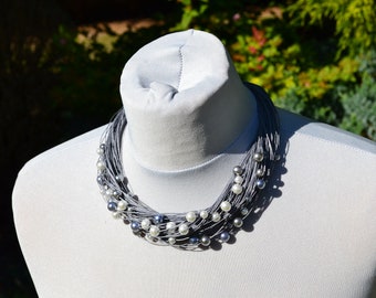 Merhy, Grey waxed linen cord necklace for women, grey round glass pearl beads, white beaded necklace, sunshine eco jewelry for vegan