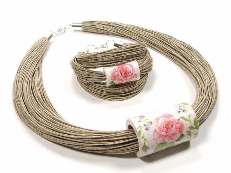 ANATOLIA, women bracelet, linen bracelet, decoupage wood, flowers, linen jewelry, gift idea, gift set, stainless steel, Mother Day, Jagna imagen 2