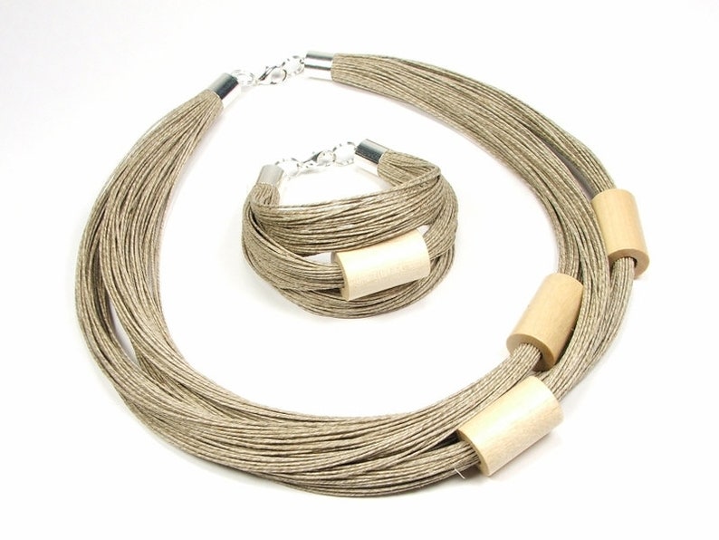 wooden linen rustic bracelet birthday gift for mother Natural cream tubes linen jewelry set for women wooden beaded simple necklace