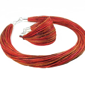 Red brown linen jewelry set, simple linen necklace and bracelet, textile boho jewelry, stainless steel jewelry women, eco friendly gift