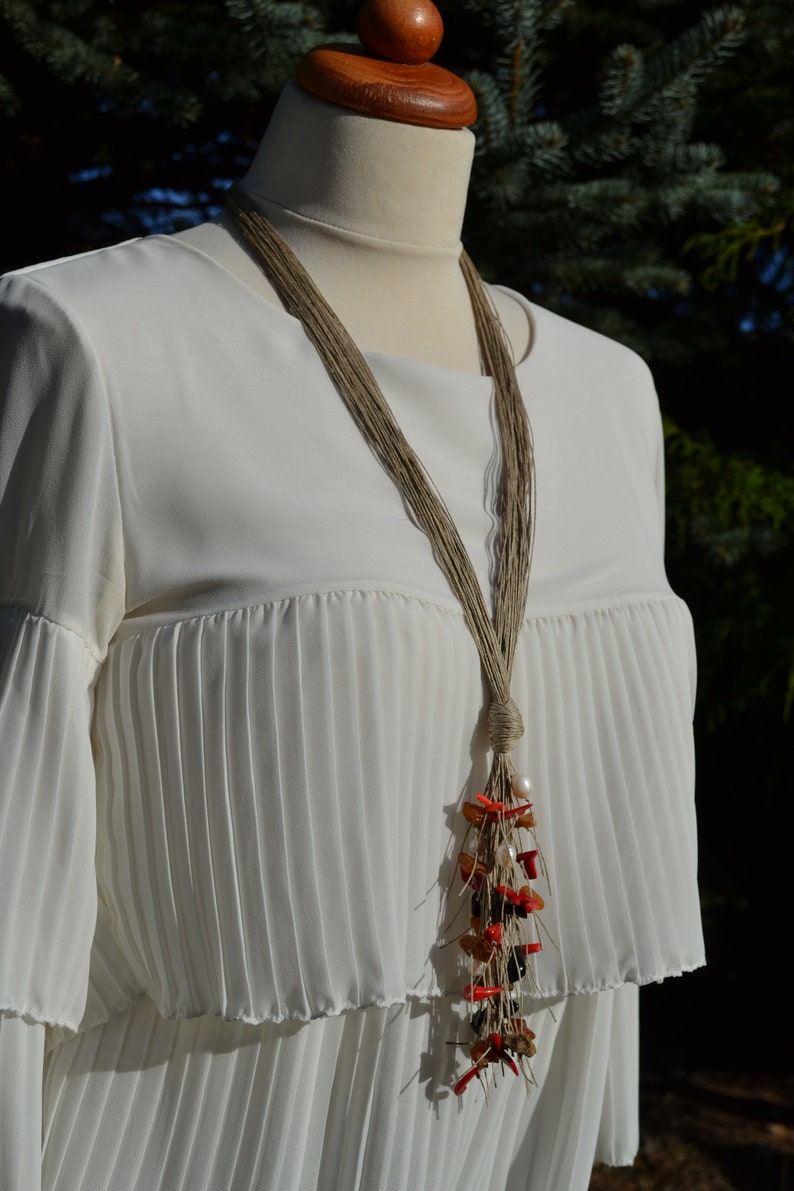 Naszyjnik z perłą z naturalną żywicą koralem biżuteria z eko sznurka lnianego, wyjątkowy prezent dla kobiet, koraliki z żywicy bałtyckiej zdjęcie 5