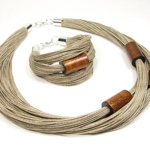 Braunes Leinenschmuckset für Frauen, einfache Halskette aus Holzperlen, Holzschläuche, rustikales Leinenarmband aus Holz,Geburtstagsgeschenk