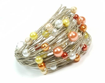 Pearl beaded linen bracelet with stainless steel, white yellow orange pearls on waxed linen, anniversary gift for women