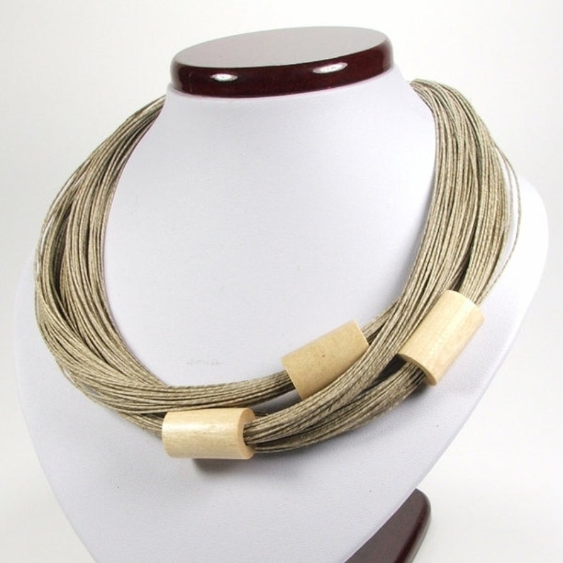 wooden linen rustic bracelet birthday gift for mother Natural cream tubes linen jewelry set for women wooden beaded simple necklace