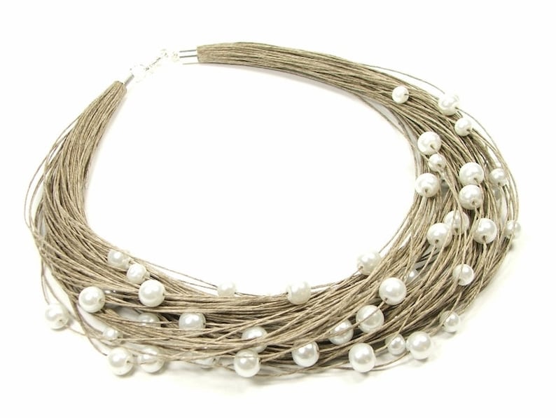 Białe perełki na naturalnym lnie, lniana biżuteria stal szlachetna, ślubny naszyjnik ślubna bransoletka dla kobiety, eko biżuteria zdjęcie 3