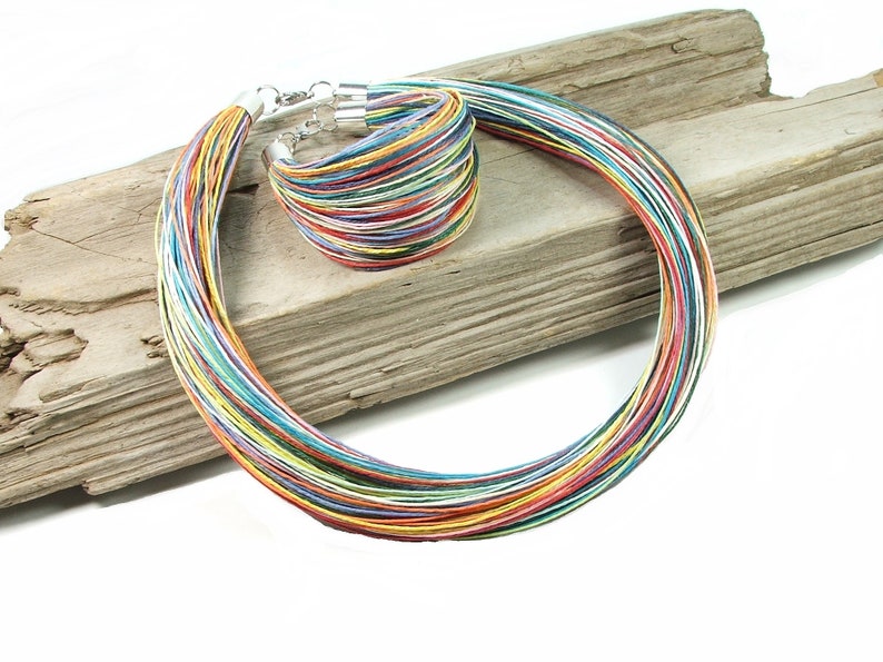 Rainbow sunny summer linen jewelry in stainless steel, waxed linen threads, best friend jewelry, minimalist jewelry gift for women 画像 9