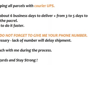 May include: A white background with text in black and orange. The text provides shipping details, a request for a phone number, and a closing message. The sender's name, Jagna, is at the bottom.