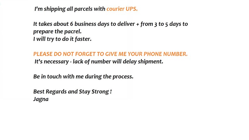 May include: A white background with text in black and orange. The text provides shipping details, a request for a phone number, and a closing message. The sender's name, Jagna, is at the bottom.