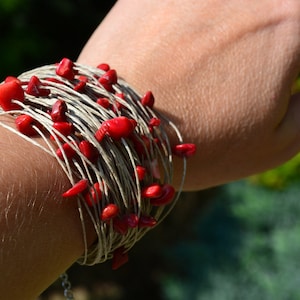 CORAL RED, linen bracelet, bracelet with coral, linen and coral red, bracelet for her, beautiful bracelet, linen bracelet for woman, Jagna
