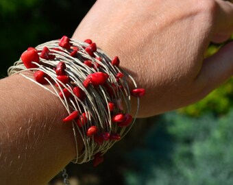 CORAL RED, linen bracelet, bracelet with coral, linen and coral red, bracelet for her, beautiful bracelet, linen bracelet for woman, Jagna