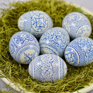 6 wooden eggs Pysanky Wooden eggs-Easter eggs in white-blue color-Hand-painted Easter eggs-Hand-painted wooden eggs image 2