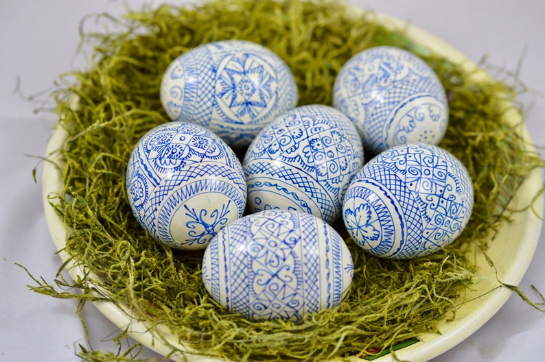 6 wooden eggs Pysanky Wooden eggs-Easter eggs in white-blue color-Hand-painted Easter eggs-Hand-painted wooden eggs image 2