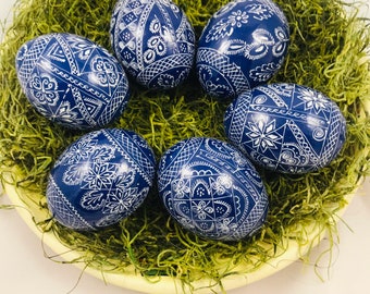 6 Holzeier -Pysanky- Osterei -Wooden eggs-Farbe -Blau-Weiß