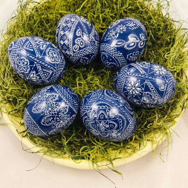 6 Holzeier -Pysanky- Osterei -Wooden eggs-Farbe -Blau-Weiß