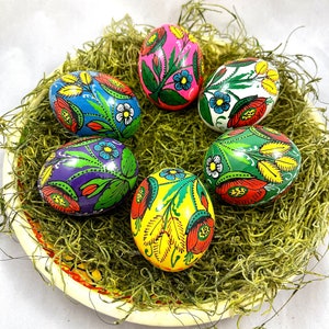 6 wooden eggs colorful with poppy - Easter eggs - 6 Wooden eggs with Poppy - Hand-painted wooden eggs