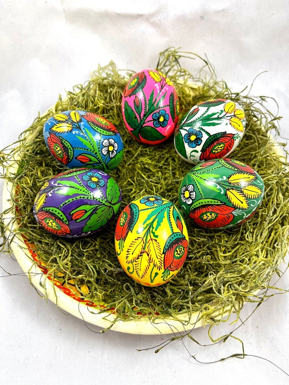 6 Wooden Eggs Colorful With Poppy Easter Eggs 6 Wooden Eggs With Poppy Eggs  Made of Wood Hand Painted 