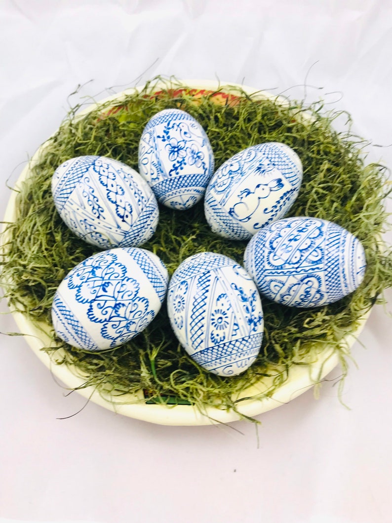 6 wooden eggs Pysanky Wooden eggs-Easter eggs in white-blue color-Hand-painted Easter eggs-Hand-painted wooden eggs image 4