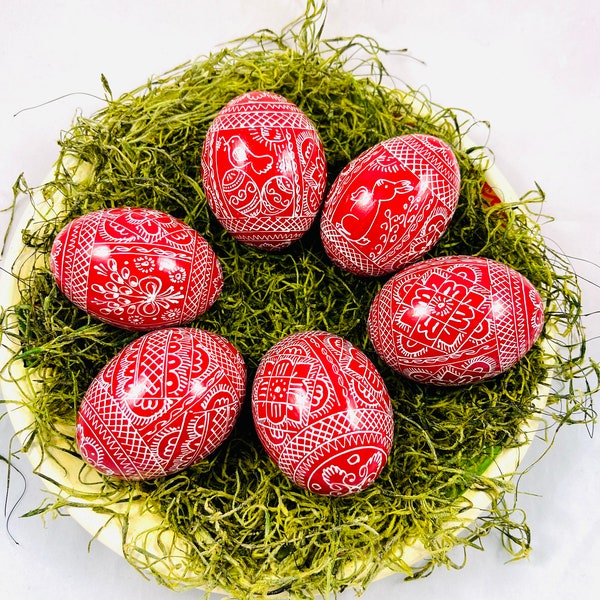 6 wooden eggs Red -White -Pysanky- Easter egg -Wooden eggs-Red -White-Uova di legno-