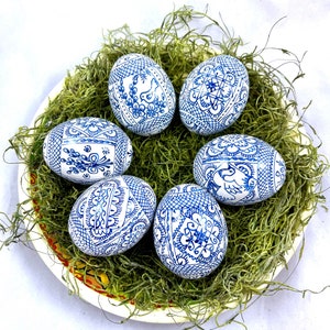 6 wooden eggs Pysanky Wooden eggs-Easter eggs in white-blue color-Hand-painted Easter eggs-Hand-painted wooden eggs image 5