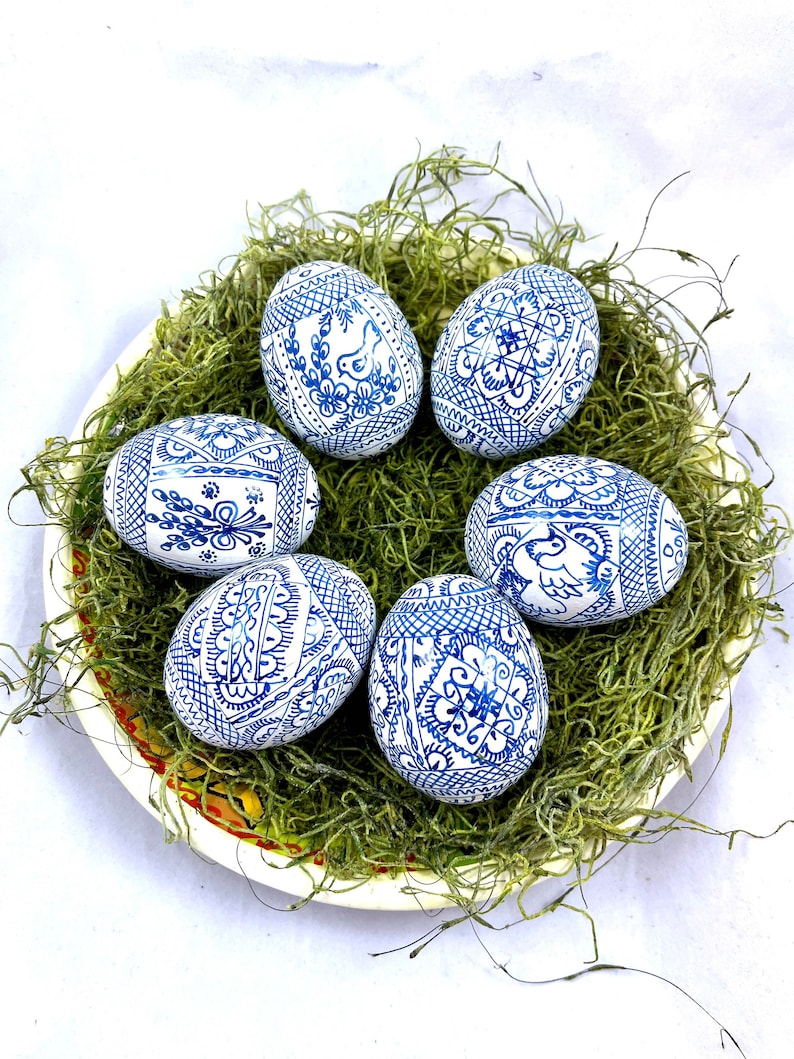 6 wooden eggs Pysanky Wooden eggs-Easter eggs in white-blue color-Hand-painted Easter eggs-Hand-painted wooden eggs image 5