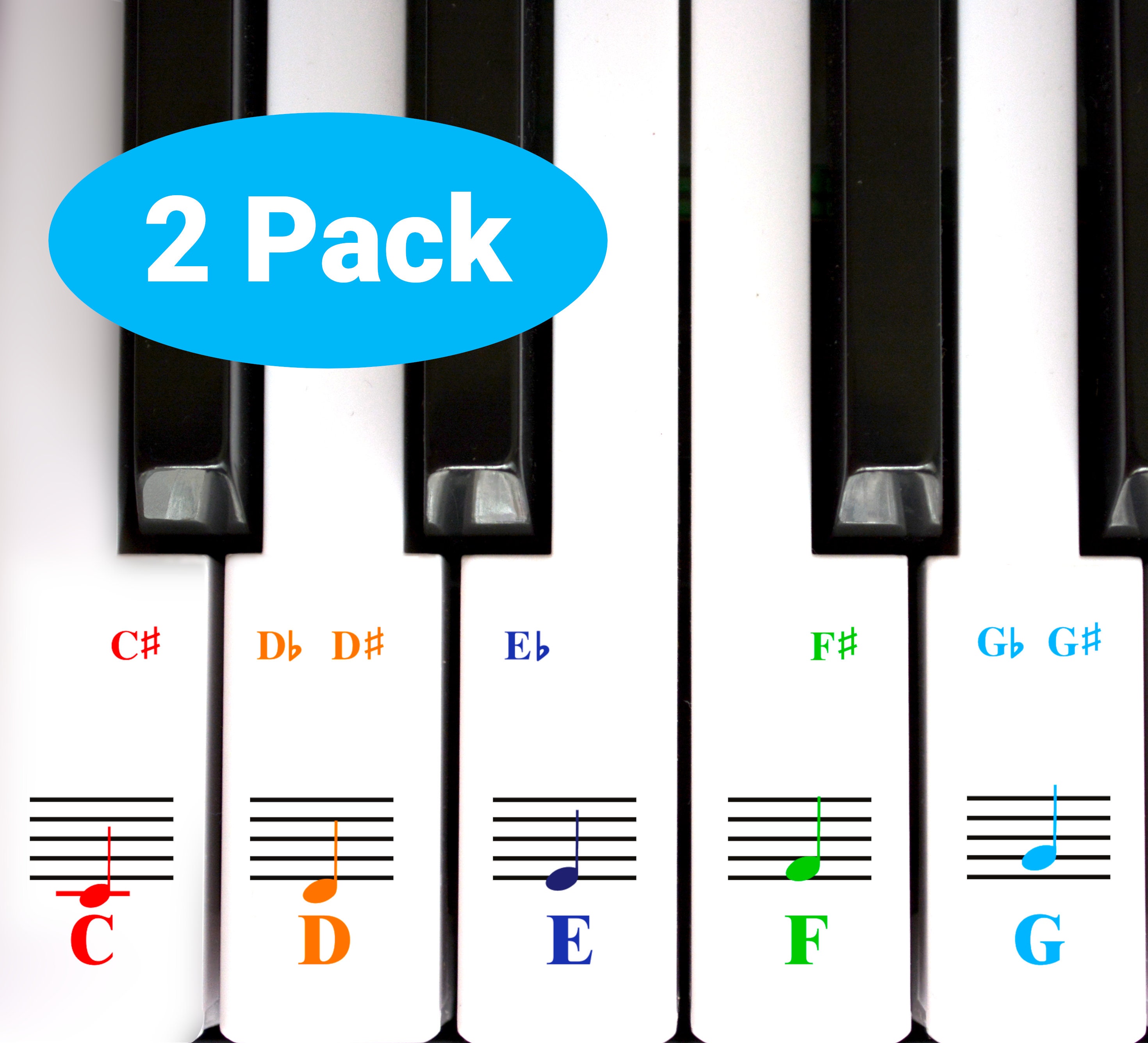 Piano and Keyboard Music Note Stickers for White Keys 2 Pack 