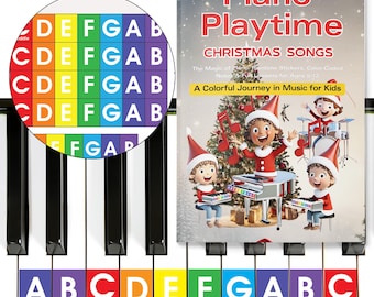 QMG Piano Playtime Christmas Beginner Piano Book for Children and Rainbow Color Piano and Keyboard Stickers