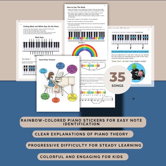 thumbnail image 2 of Color Piano & Keyboard Stickers + Complete Color Piano Books 1 & 2 – QMG Beginner Set 2 of 3