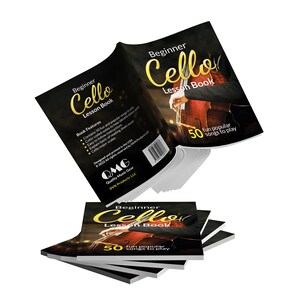 May include: A stack of beginner cello lesson books with a yellow and black cover. The cover features the text "Beginner Cello Lesson Book" and "50 fun popular songs to play".