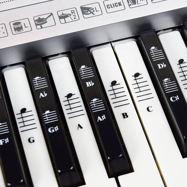 Piano and Keyboard Music Note Full Set Stickers for White and Black Keys;  Transparent and Removable!