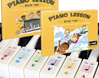 Color Piano and Keyboard Stickers and Complete Color Note Piano Music Lesson and Guide Book 1 and Book 2 for Kids and Beginners