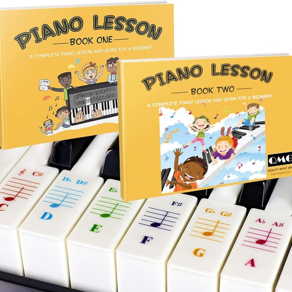 Color Piano and Keyboard Stickers and Complete Color Note Piano Music Lesson and Guide Book 1 and Book 2 for Kids and Beginners