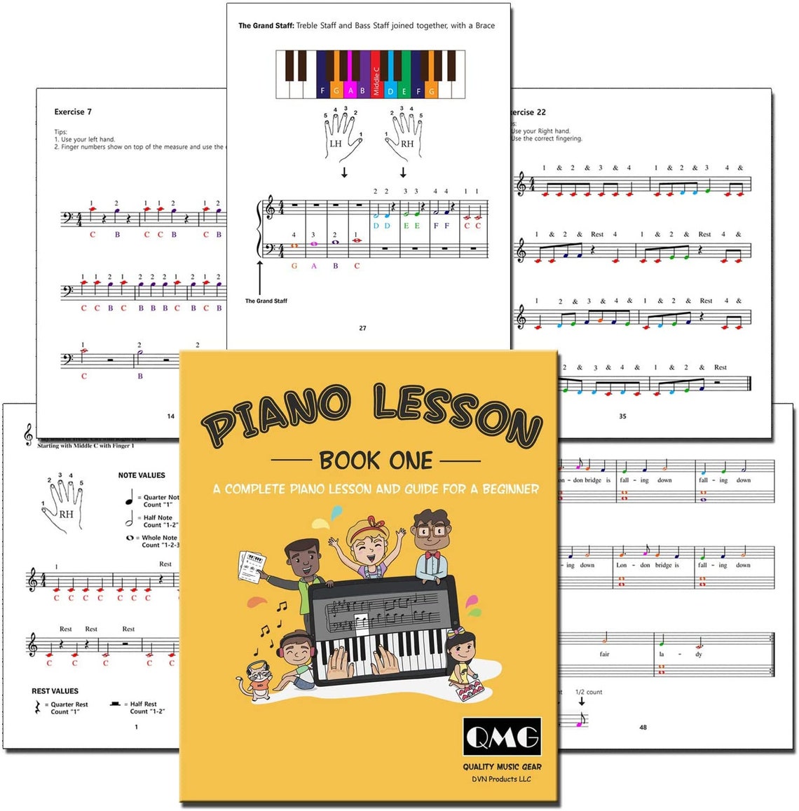Learning Piano Notes Color Color Piano & Keyboard Note Chart and Complete Color Piano Book 1 and 2 ...